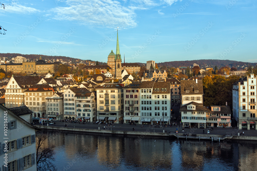 Panorama of city of Zurich and Limmat River, Switzerland