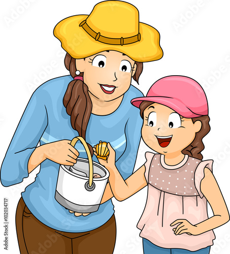 Mother and Daughter Picking Shells