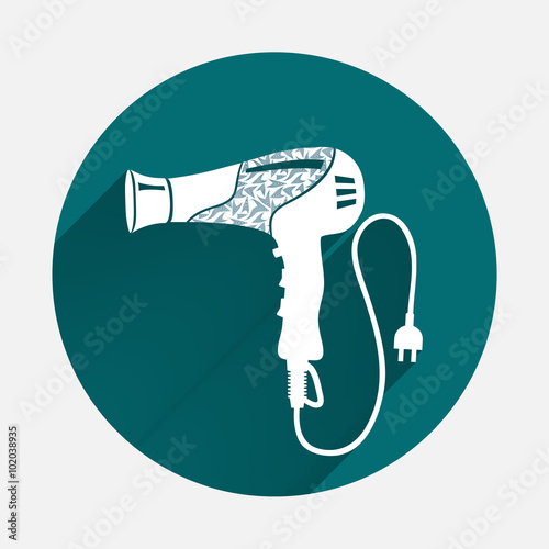 Professional blow hairdryer with cord and two-pin plug. Marine design. Modern colored on turquoise round circle symbol. Vector
