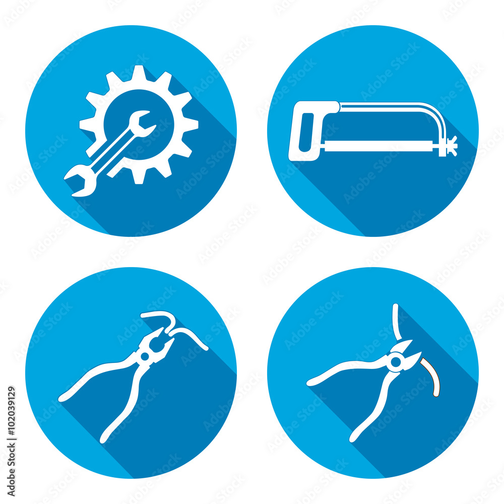 Tools icons set. Saw pliers tongs, cogwheel, wrench key. Repair fix symbols. Round blue signs with long shadow. Vector Tools icons set. Saw pliers tongs, cogwheel, wrench key. Repair fix symbols. Round blue signs with long shadow. Vector