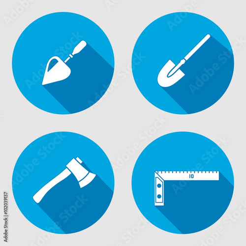 Tool icon set. Trowel, spattle, surfacer, axe, hache, shovel, spade, angle. Work, job, labour, toil, repair, fix, plane, building symbol. White sign on round blue button with long shadow. Vector