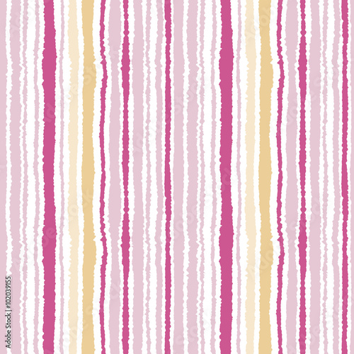 Seamless striped pattern. Vertical narrow lines. Torn paper, shred edge texture. Beige, rose, white colored background. Vector
