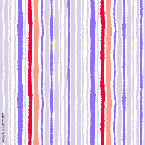 Seamless strip pattern. Vertical lines with torn paper effect. Shred edge texture. Gray, lilac, red contrast colors on white background. Vector