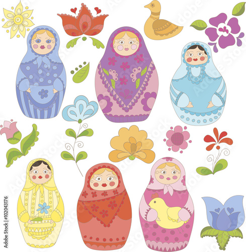 Collection of doodle matryoshka dolls and flowers