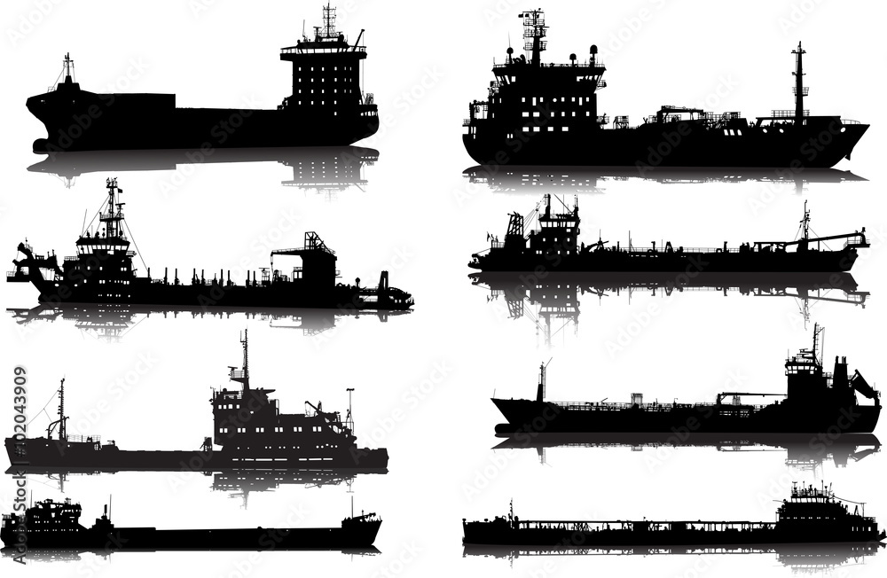Set of silhouettes of the sea cargo ships