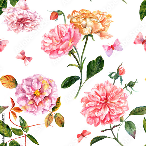 Vintage seamless background of watercolor roses, peonies and butterflies