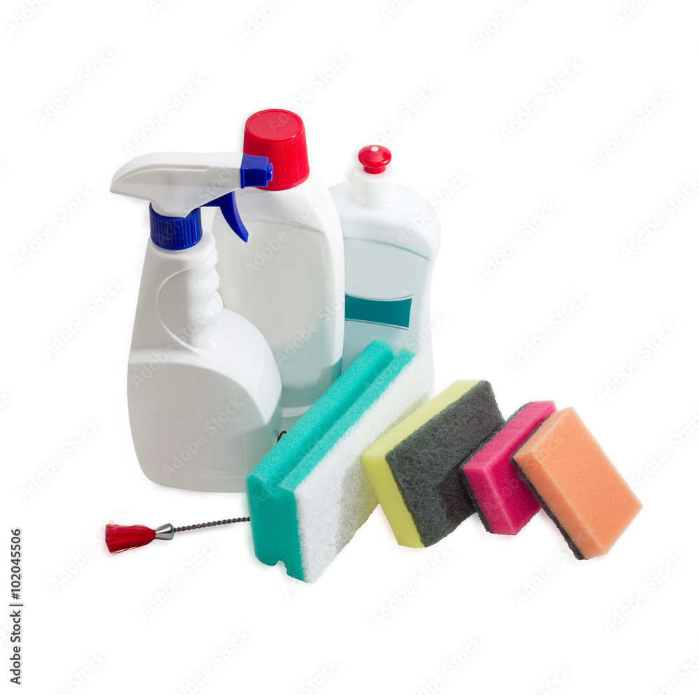 Various cleaning sponges, bottles of cleaning agent, dishwashing Various cleaning sponges, bottles of cleaning agent, dishwashing