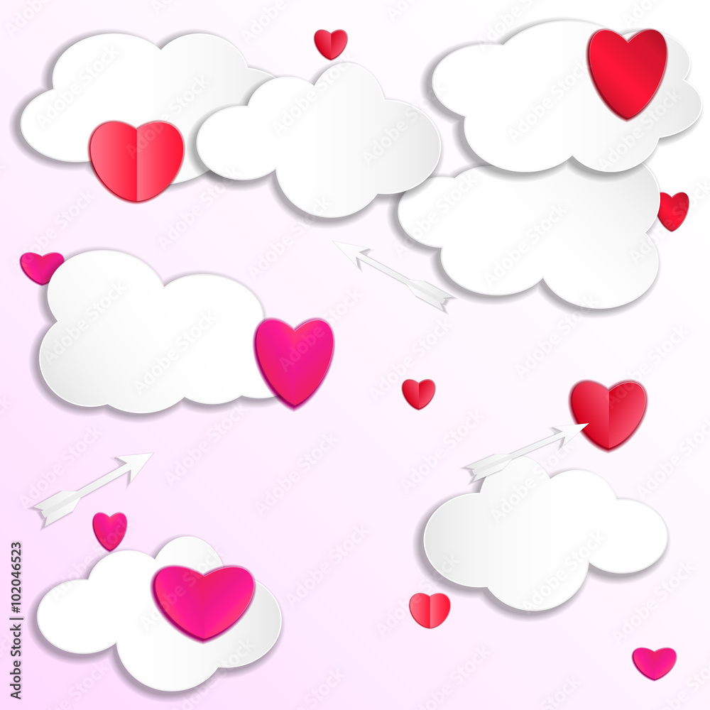 Heart in the clouds in the sky with arrows. You can text in the cloud. Paper cut style. Vector illustration. EPS10
