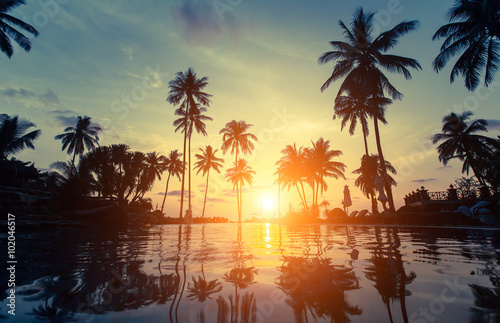 Fototapeta Naklejka Na Ścianę i Meble -  Palm trees silhouette at amazing sunset on the beach in the Thailand tropics.