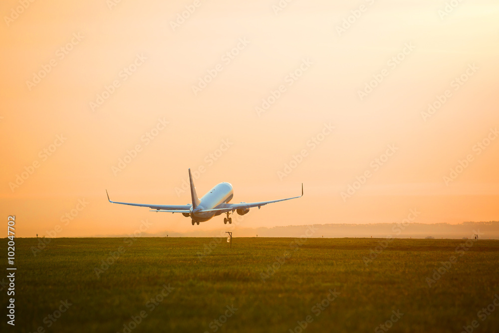 Naklejka premium plane taking off sunset