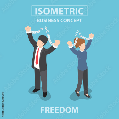 Isometric bsiness People breaking metal chain to freedom