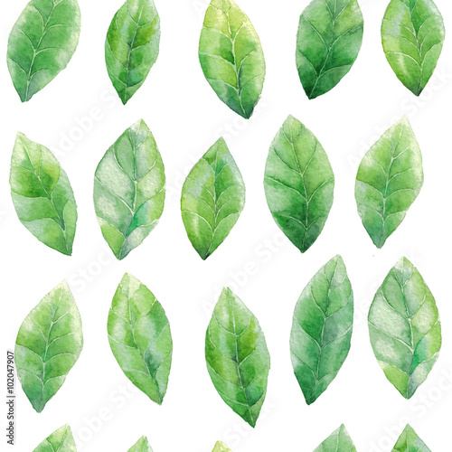 Watercolor green leaves seamless pattern background
