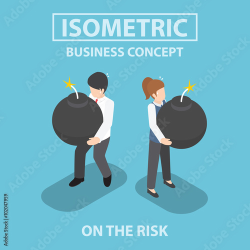 Isometric business people holding heavy bomb on their hands