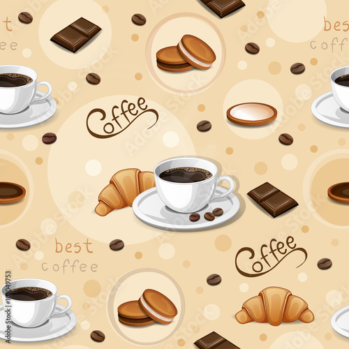 Seamless pattern with coffee cups  beans  cookies  croissants and chocolate.