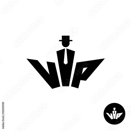 Vip letters black logo. Silhouette of a gentleman in a hat, neck