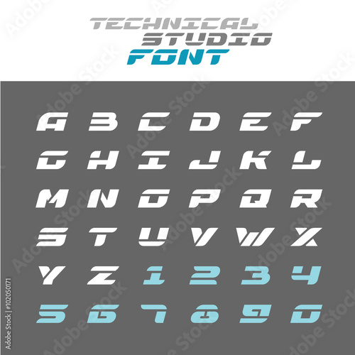 Tech letters stencil font. Wide bold italic techno alphabet.