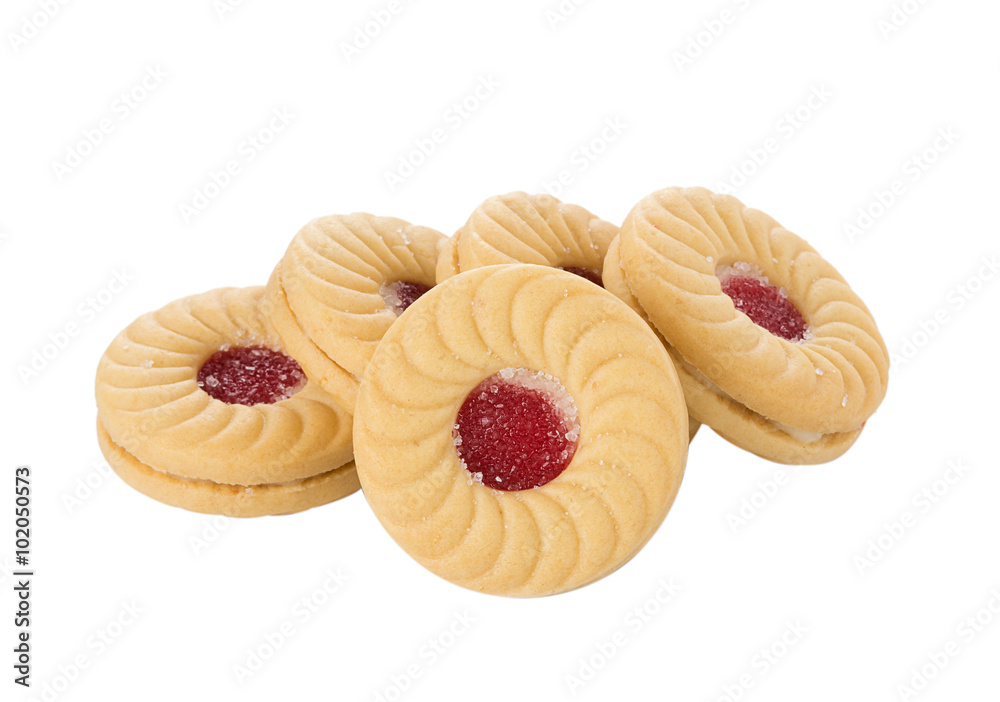 Sandwich biscuits with strawberry on white background