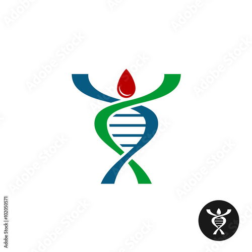 DNA spiral shaped man silhouette logo. Red blood drop as a head.