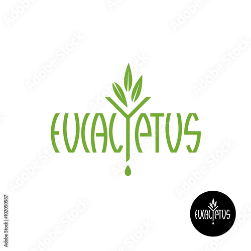 Eucalyptus word logo with leaves, drop and funnel. Oil extraction concept.