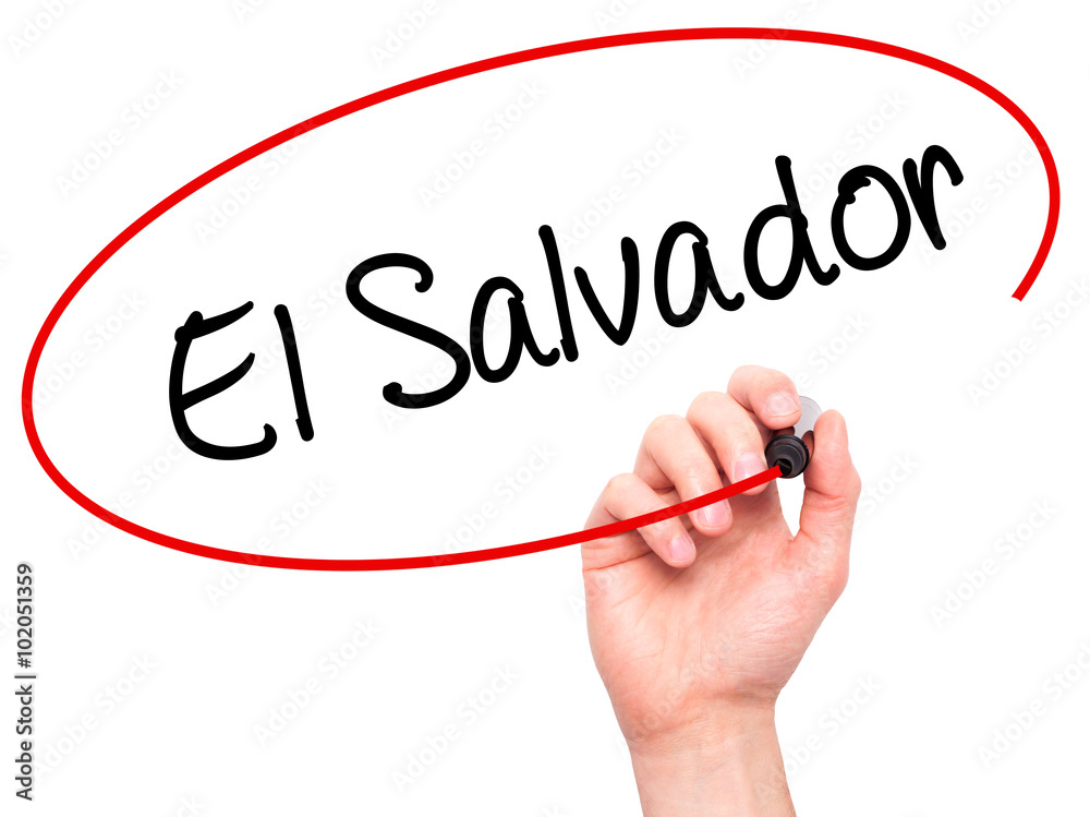 Man Hand writing El Salvador with black marker on visual screen Man Hand writing El Salvador with black marker on visual screen