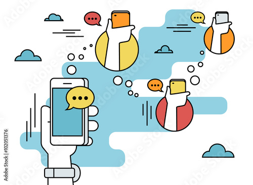 Human hand hold a smartphone and sending messages to friends via messenger app. Flat line contour illustration of message chatting via smartphone app