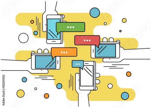 Human hands hold a smartphone and sending messages to friends via messenger app. Flat line contour illustration of chatting via smartphone app