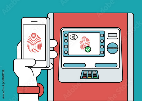 Mobile access to ATM via smartphone using fingerprint identification. Flat line contour illustration of payment via smartphone app