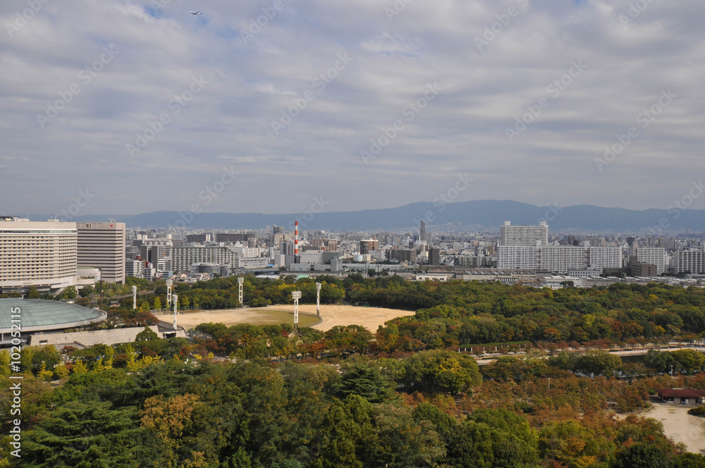 Osaka city view from the top of Osaka castle (autumn season)