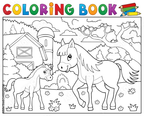 Coloring book horse with foal theme 2