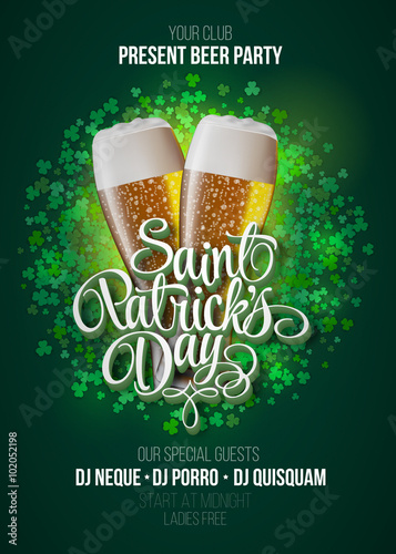 St. Patrick's Day poster. Beer party green background with calligraphy sign and two yellow beer glasses. Vector illustration