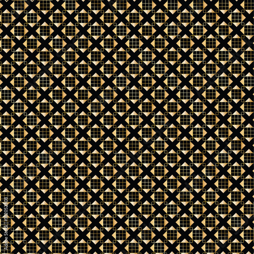 Gold geometric glitter pattern. Gold glittering sequins mosaic cage on black background. Vector file