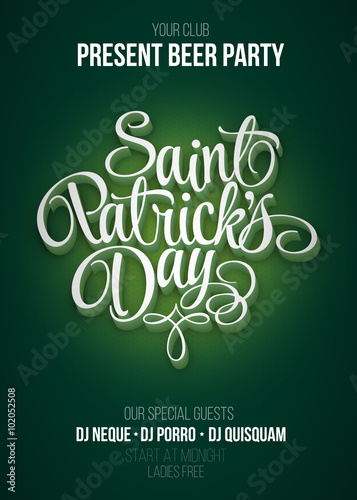 St. Patrick's Day poster. Beer party green background with calligraphy sign. Vector illustration