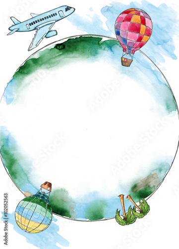 Watercolor sketch frame Around the World planet Earth with air balloons, airplane, palm trees isolated. Design element