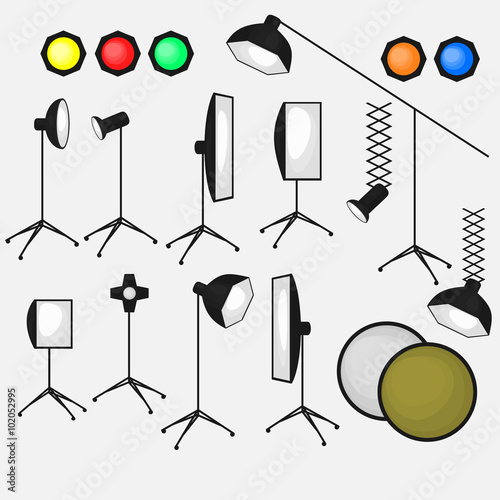 Set of photo studio equipment, light soft, camera and optic lenses flat icons