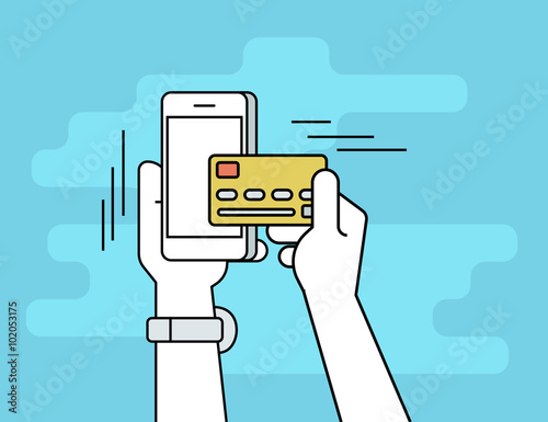 Mobile banking. Flat line contour illustration of human hand paying by credit card from his smartphone