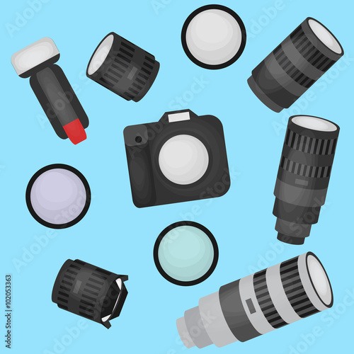 Set of photo studio equipment, camera and optic lenses flat icons