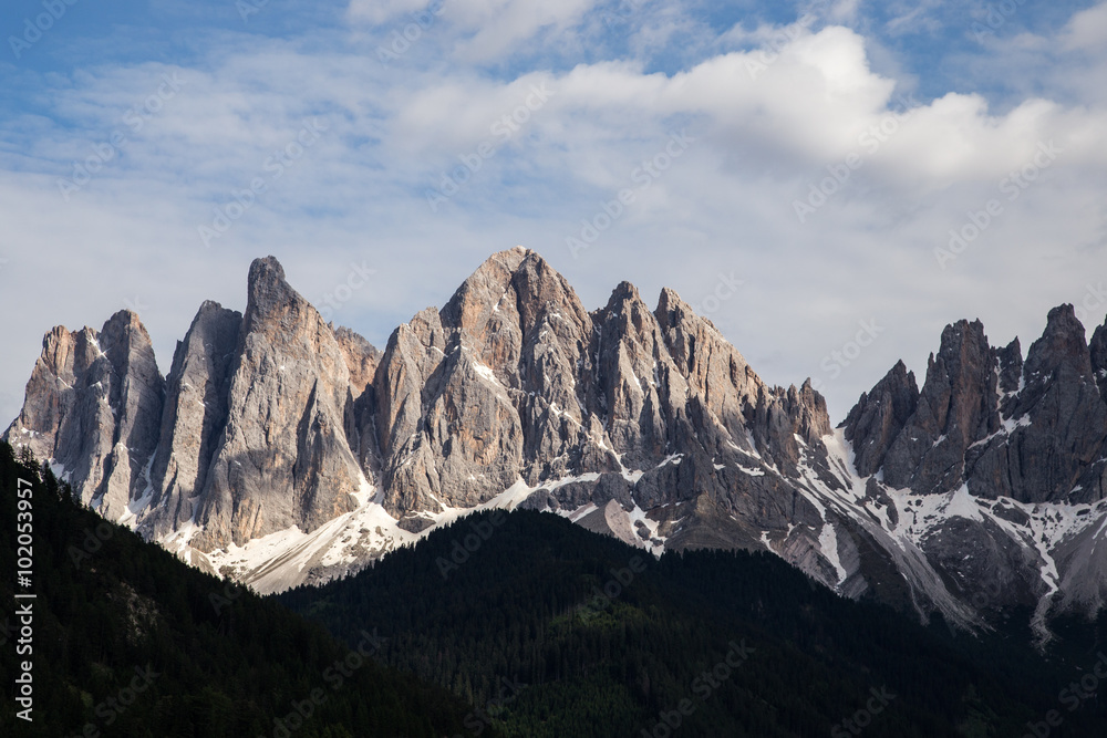 Peaks of the Odle-Geisler group in the South Tyrol, Italy.
