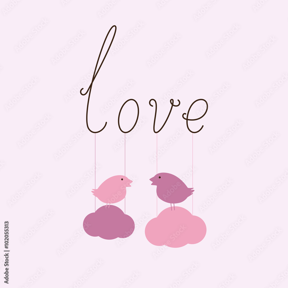 Calligraphic lettering love with birds on clouds Calligraphic lettering love with birds on clouds