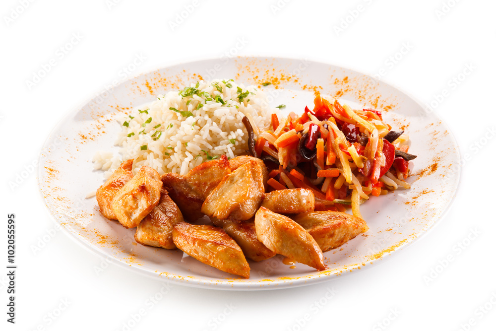 Chicken nuggets, white rice and vegetables Chicken nuggets, white rice and vegetables