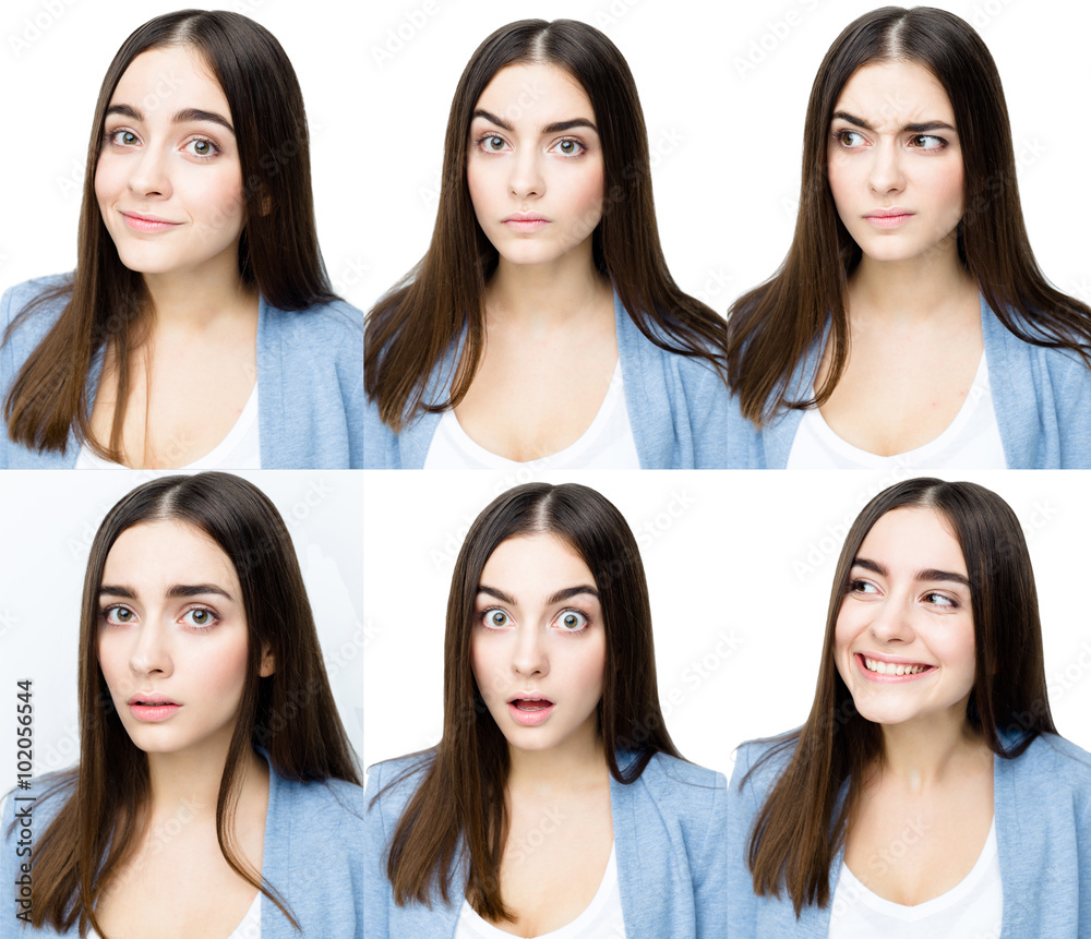 Multiple collage of a beautiful young woman with different expressions and doing different things Multiple collage of a beautiful young woman with different expressions and doing different things