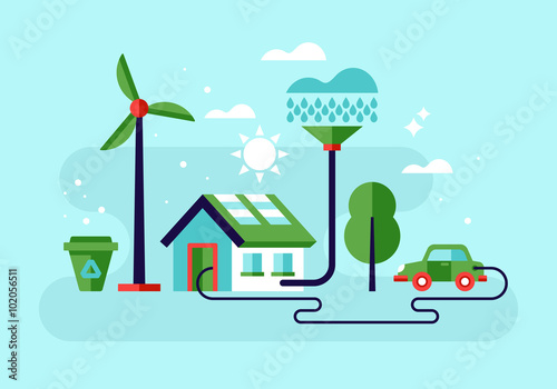 Ecology concept with eco friendy house and green energy. Modern