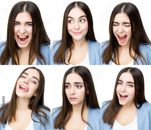 Multiple collage of a beautiful young woman with different expressions and doing different things © smmartynenko