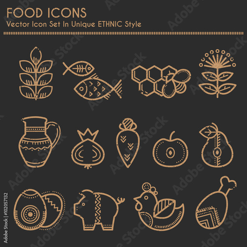 Food icons in linear ethnic style
