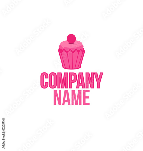 Cake shop logo  sweet cupcake with pink cream retro dessert emblem template design element. Mockup birthday or wedding invitation