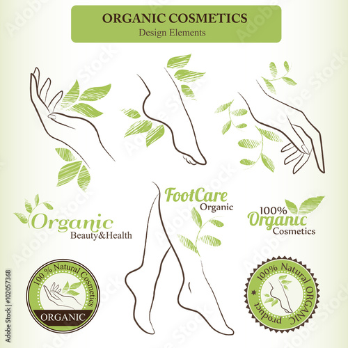 Organic Cosmetics Design Set with contoured female body parts  - foot, hand photo