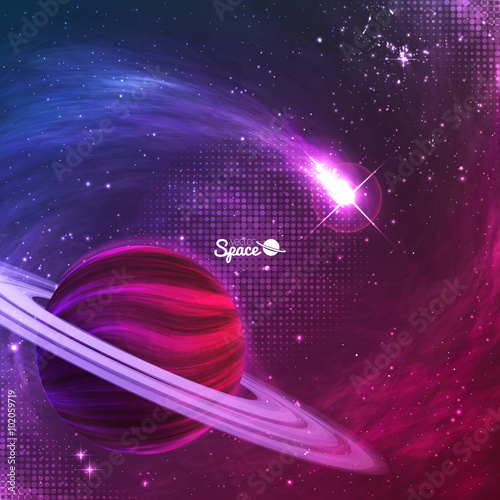 Comet flying around the planet with rings on colorful space background. Vector illustration for your design, artworks. photo