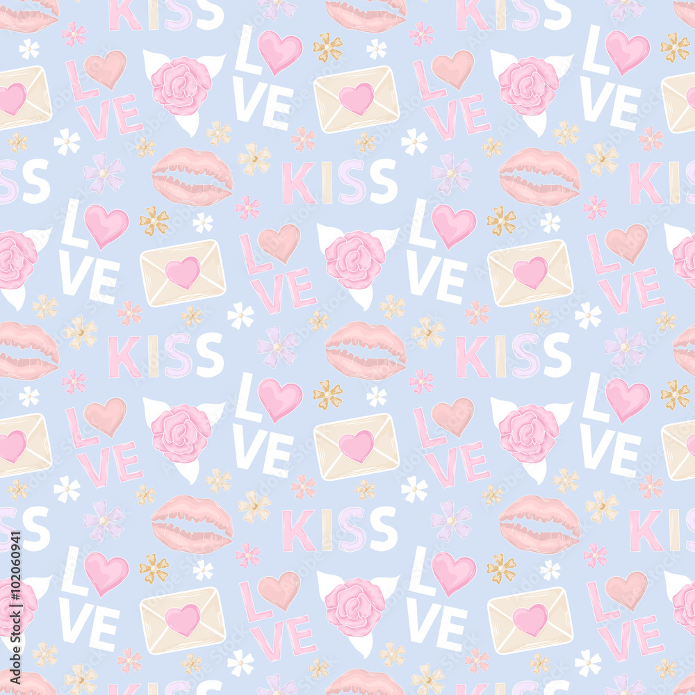 Vector Seamless Pattern with rose,letter, message, email, mail with heart,text kiss and love,lips imprint   icon isolated on a a blue backgraund for site wab page womens blog.Happy Valentine's day