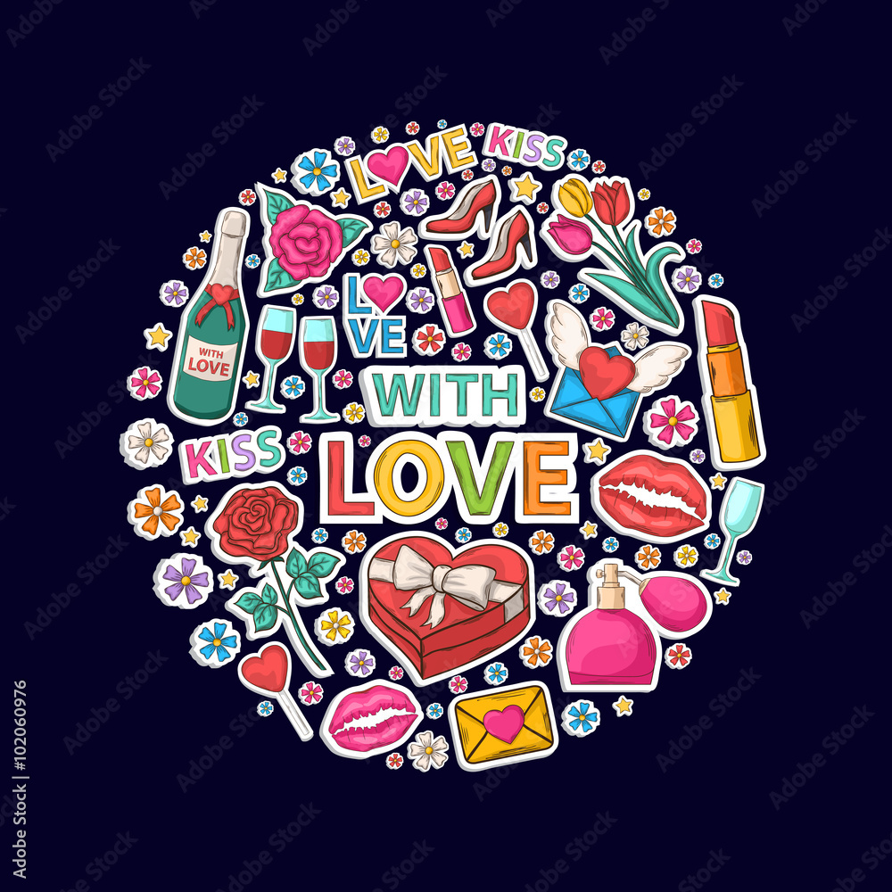With love sticker clip art setin the form of a circle.With shadow on a dark background.Hand Drawn.Scrapbook.Sticker.With letter,perfume,text,lipstick,hearts,womens shoes,champagne,glasses,email,love