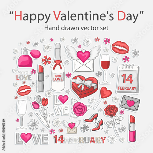 Happy Valentine's Day Sticer set with shadow in pink,white and red tones,isolated on a white background.Hand Drawn clip art.Holiday collection