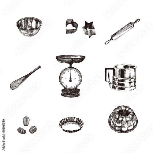  Vintage Illustration with , mixer, rolling, whisk, scales,cookie type,gugelhupf type,madeleine,ball.